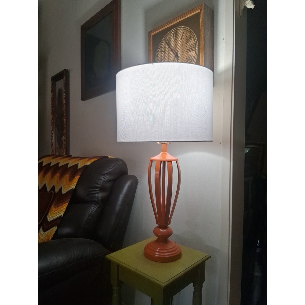 Vintage Mid-Century Modern Style Orange Metal Cage Table Lamp White Shade
